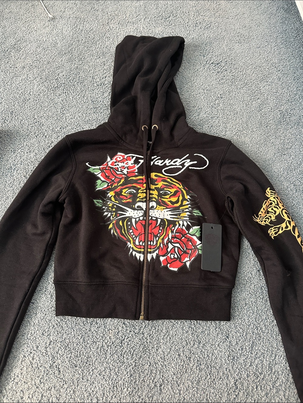 Ed Hardy Black Hoodie with Tiger & Rose Graphic